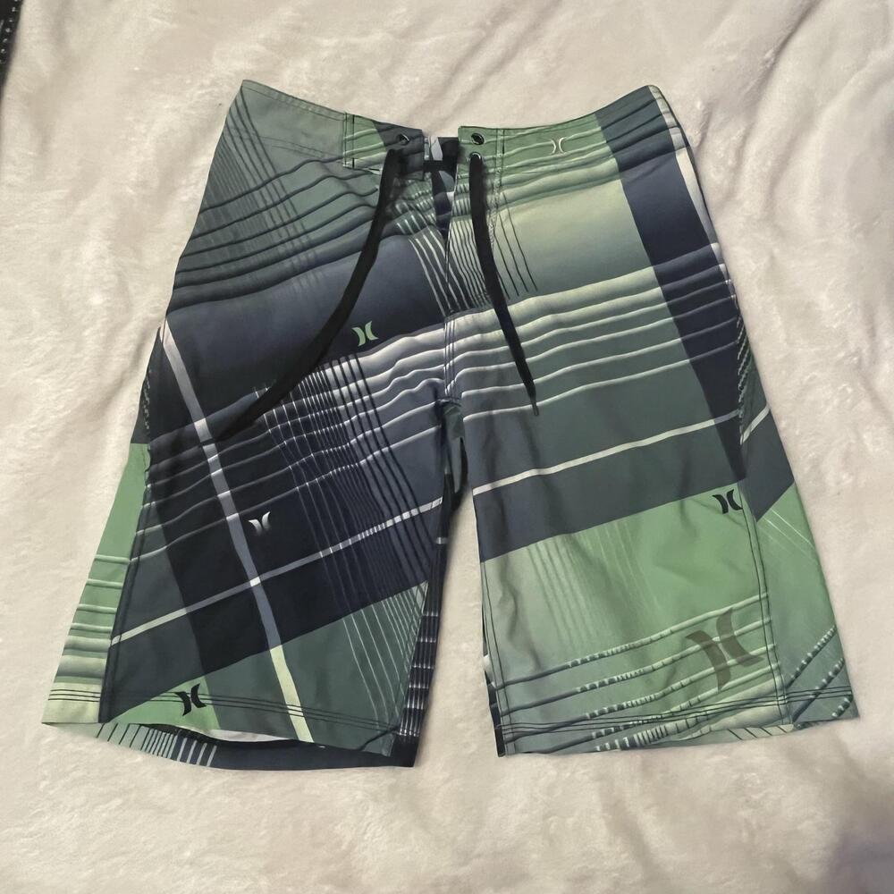 Hurley Board Shorts Mens Size 28 Green Plaid Polyester Microfiber Drawstring